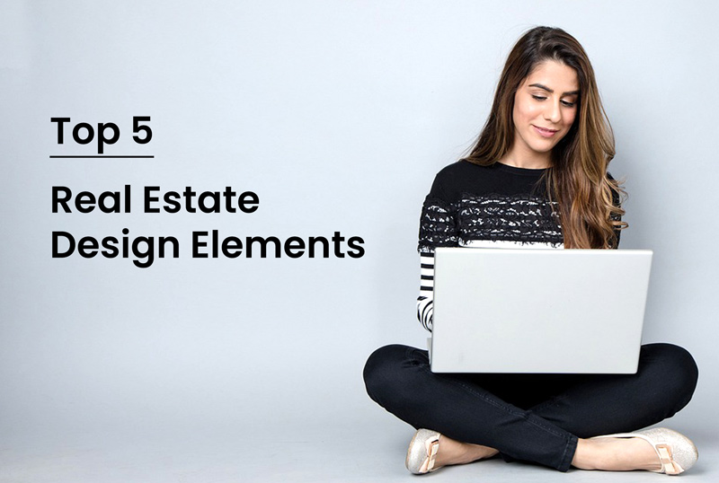 Image of a woman sitting and using a laptop for a blog post titled 'Top 5 Real Estate Design Elements', showcasing visually appealing and functional elements for real estate websites.