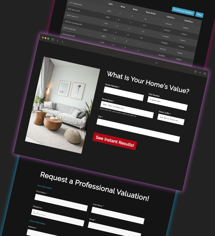 Home valuation form showing results and front-end valuation form. Displaying home price results for IDX websites.