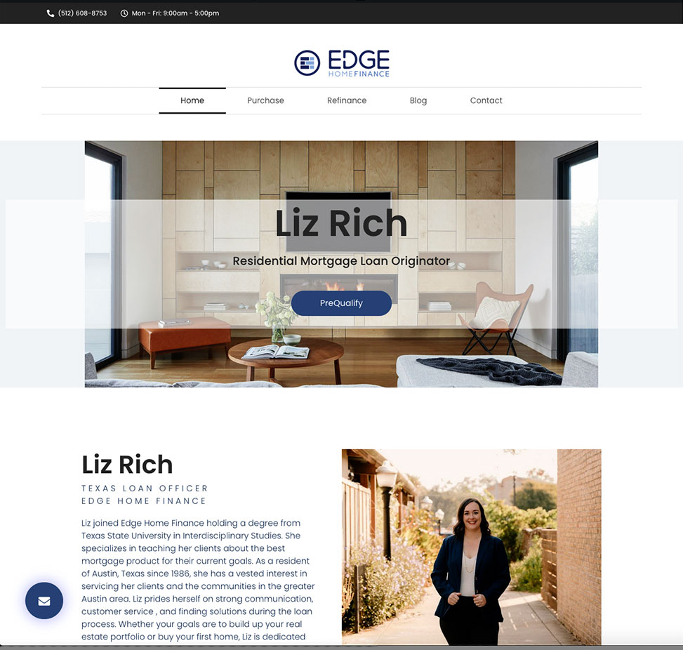 Demo of a mortgage lender website displaying originator profile