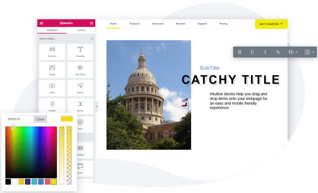 Screenshot of a drag and drop website page editor, enabling easy customization and design changes.