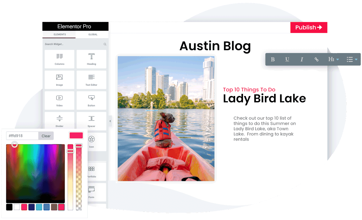 Drag and drop website editor showcasing Elementor Pro's abilities.