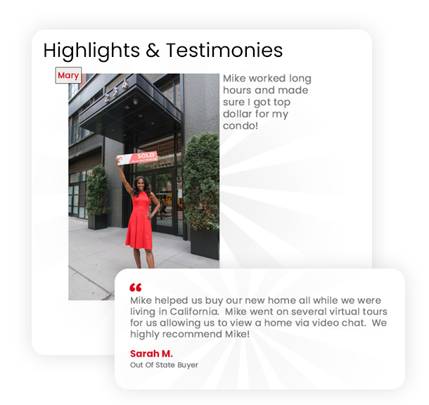 Image of a woman in red holding a 'Sold' sign outside her condo, celebrating a successful real estate transaction.
