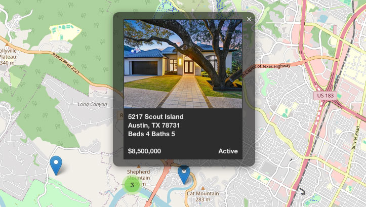Real estate map results showing listings in the Austin area.