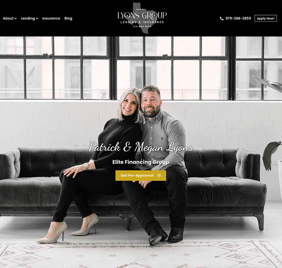 Lender website featuring loan originator's homepage of couple on couch