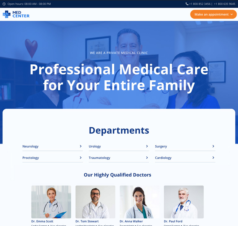 Screenshot of a medical care facility theme with integrated booking features for convenient appointment scheduling.