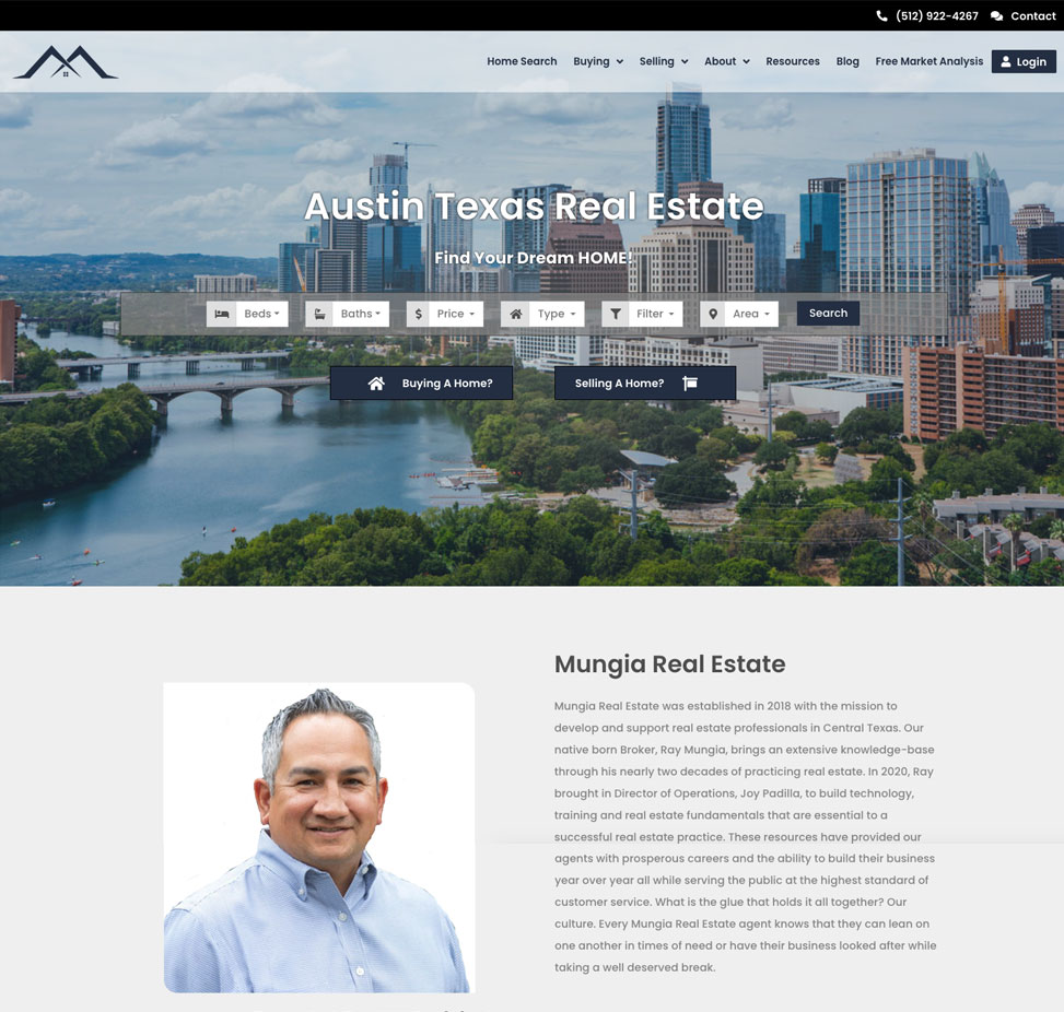 Screenshot of the Mungia Real Estate client website, showcasing property listings, search functionality, and a modern design.