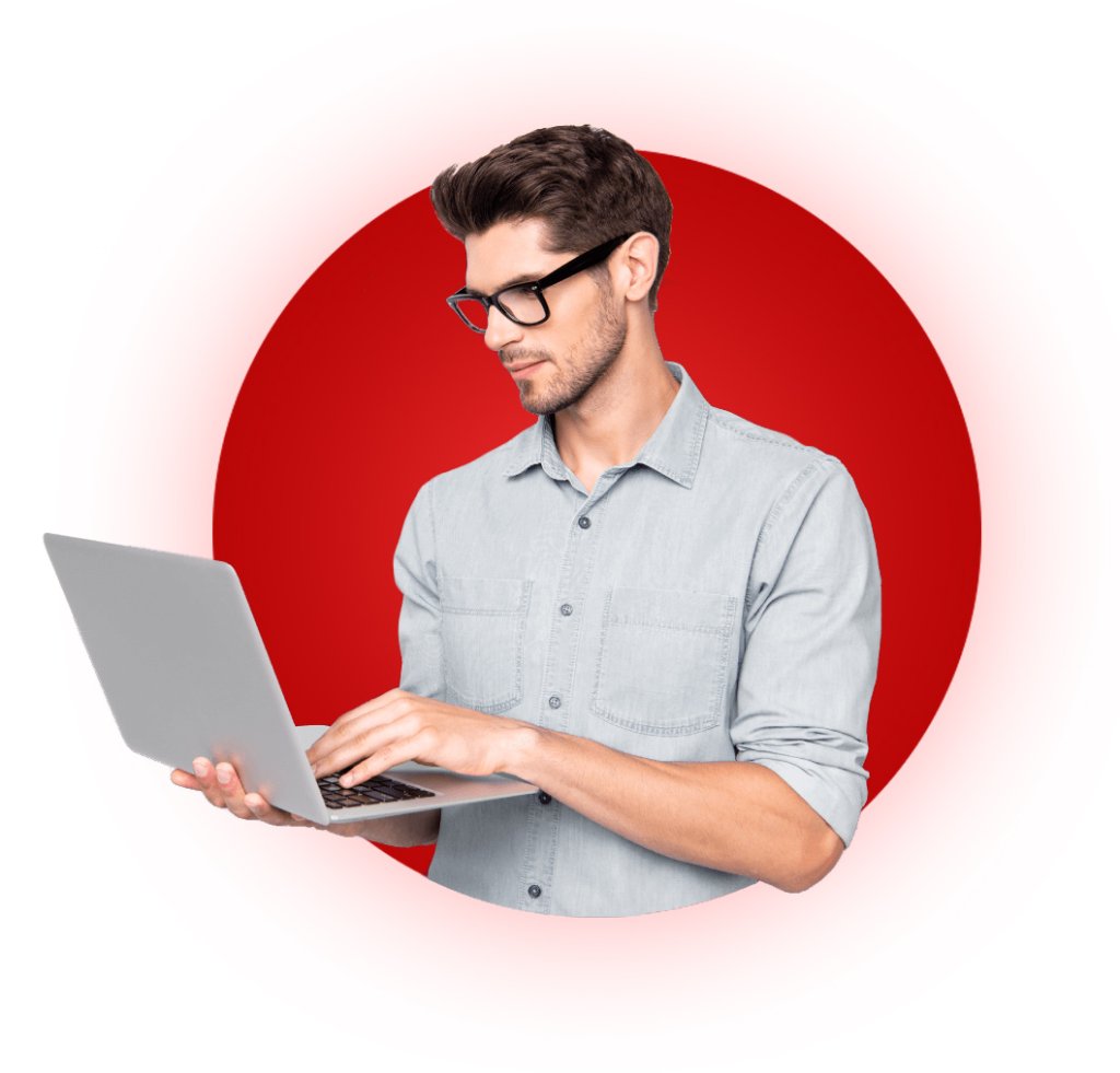 Red circle with a man using a laptop emerging from it, symbolizing technology and connectivity.