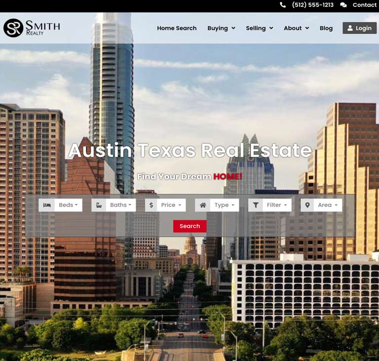 Screenshot of the Modern Real Estate client website, showcasing property listings, search functionality, and a modern design.
