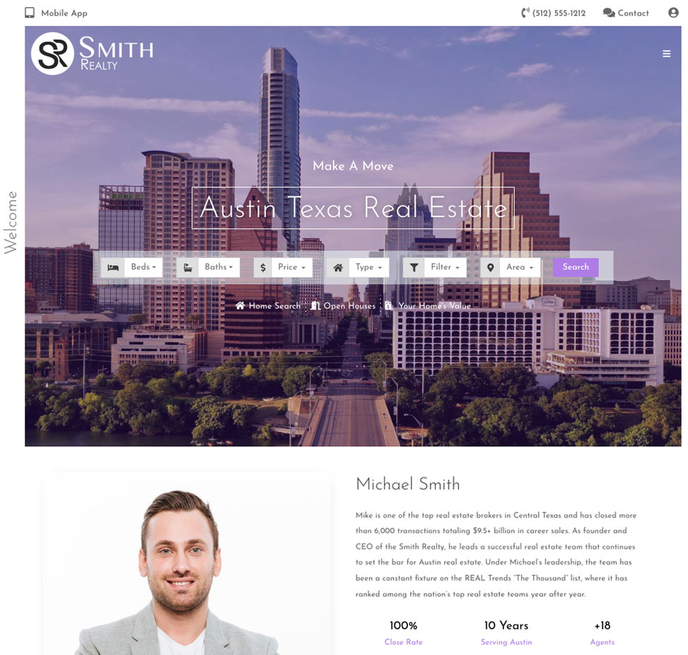 Realtor Theme Website showcasing IDX, home valuation tools, and open house searches